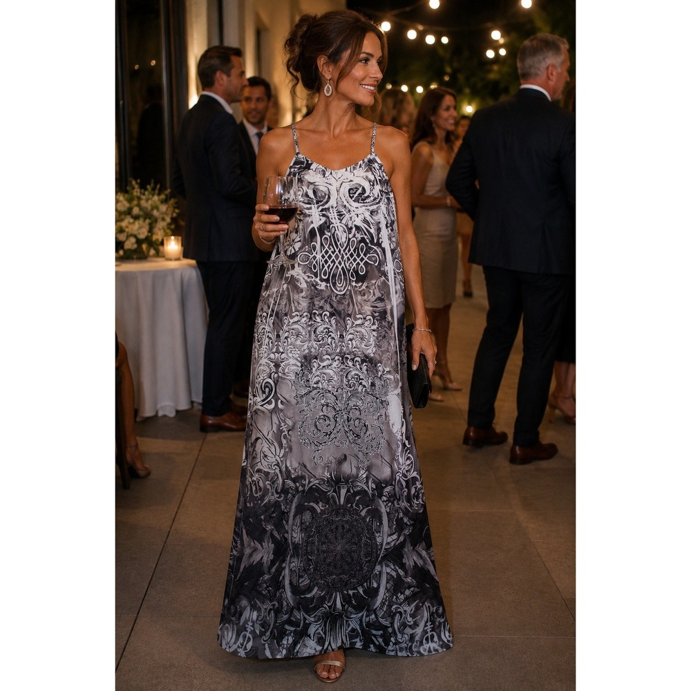 Cristinalove Women Black White Baroque Scroll Print Maxi Dress V-Neck RN112932 M